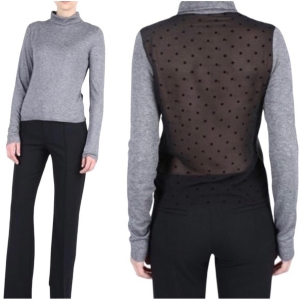 See By Chloe Gray Wool Sheer Mesh Polka Dot Back Long Sleeve Turtleneck Top M